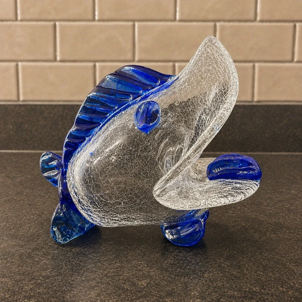 Art Glass Mexican Fish Crackle Glass Cobalt Blue Nautical Big Mouth Ashtray